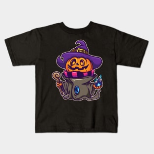 Sorcerer Hat Flame Halloween Pumpkin Sorcerer Costume Kids T-Shirt